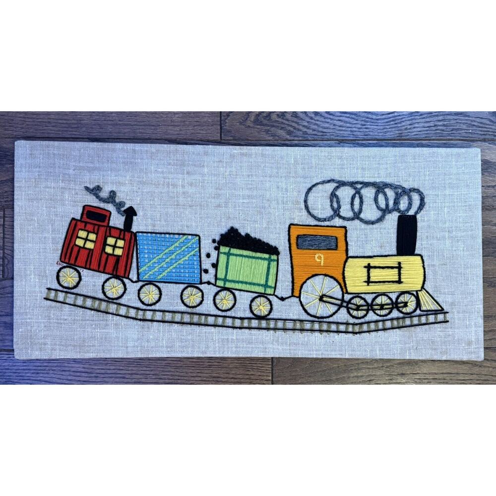 Crewel Embroidery Mid Century Vibrant Train On Tracks 12”x27” Unique Kids Decor